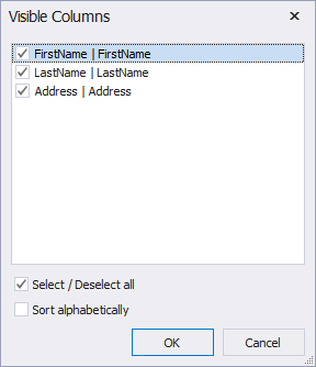 Setting visibility and sorting of columns